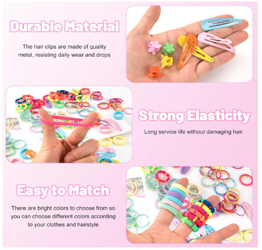 Lot de 780 accessoires cheveux colorés pour bébés filles : élastiques, chouchous, pinces et barrettes.